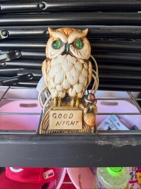 Vintage Ivory and Brown Owl Night Light with Green Eyes